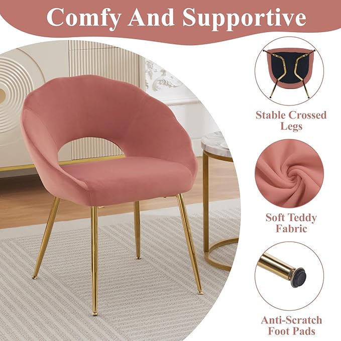 Modern Small Accent Chair Set of 4, Comfy Velvet Vanity Chair with Shell Back & Golden Metal Legs, Decorative Dining Chair no Wheels for Living Room, Makeup Room, Bedroom, Pink