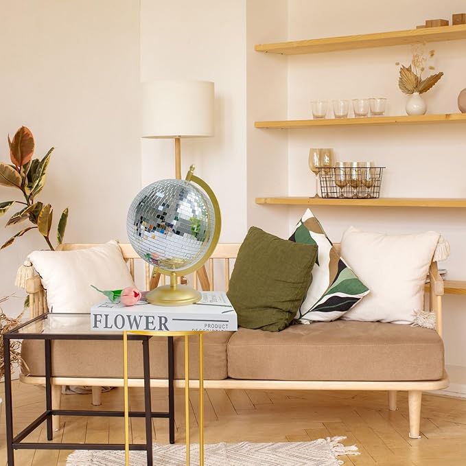 Disco Ball Globe Home Decor Statues Classic Tabletop Art Sculpture with Metal Base Discoball Unique Western Modern Decorative Aesthetic Sculptures, 8.5" x 8" x 12", Bright Gold