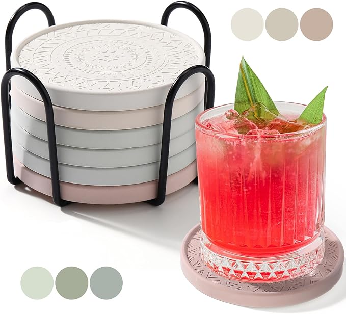 Photect Diatomaceous Earth Coasters Set with Holder Absorbent Stone Drink Coasters Instant Drying Tray for Tabletop Protection Home Decoration Housewarming Gift(Mint,6 Pcs)