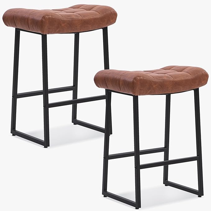 Modern Bar Stools Set of 2 for Kitchen Counter 24 inch Counter Height Backless Barstools with Upholstered Faux Leather Saddle Seat and Metal Frame Industrial Bar Chairs, Brown