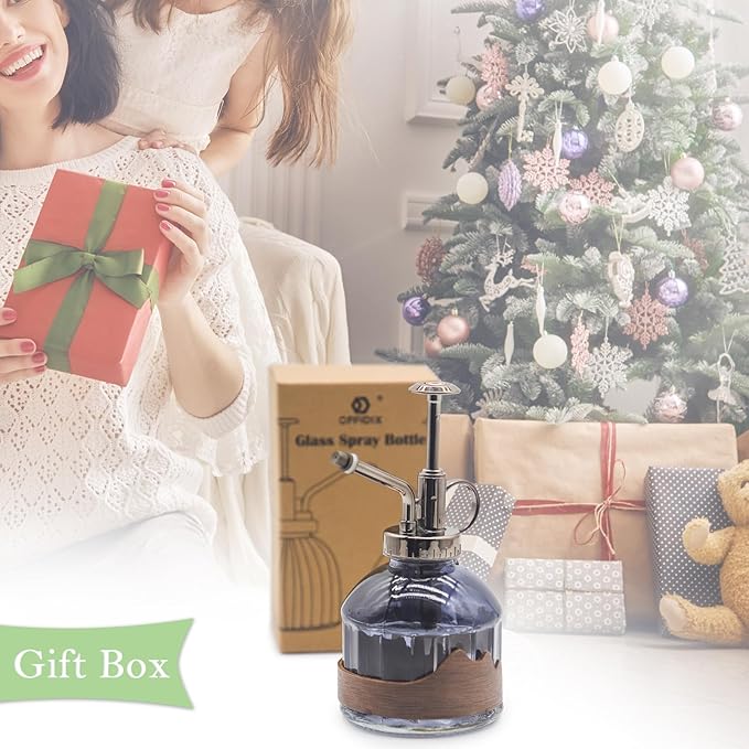 OFFIDIX Glass Plant Mister, 6.3 Inches Tall Vintage Style Spritzer Bronze Plastic Top Pump One Hand Watering Can Indoor Plant Spray Bottle for Garden, Plants, Cleaning (Distant Hill)