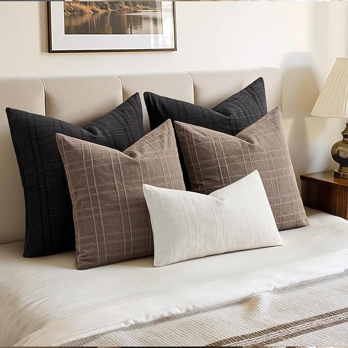 MIULEE Decorative Linen Check Throw Pillow Covers Neutral Farmhouse Vintage Pillow Covers 18x18 Set of 2 Boho Modern Home Decor for Sofa Couch Bedroom Cushion Black