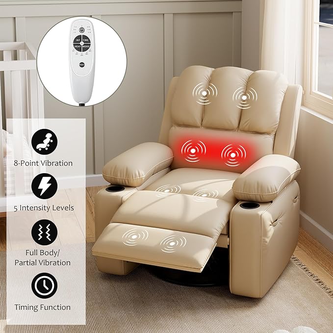 27" Oversized Power Recliner Chair, Faux Leather Rocking Chair with Heat & Massage, 360° Swivel Modern Electric Recliner with Cup Holder ＆ USB Charging for Living Room, Bedroom, Nursery - Beige
