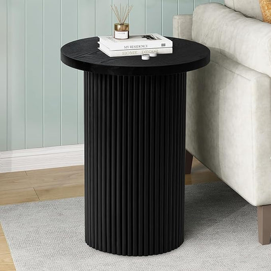 Modern Side Table, 16.93" Fluted Round Pedestal Table for Living Room, Bedroom, Entryway, Sofa, Chair – Black Accent Table with Solid Wood Strips End Table, Fully Assembled Drum Table