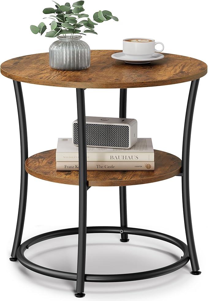 VASAGLE Side Table, 2-Tier Round End Table, Nightstand with Steel Frame for Small Spaces, Living Room, Bedroom, Rustic Brown and Ink Black