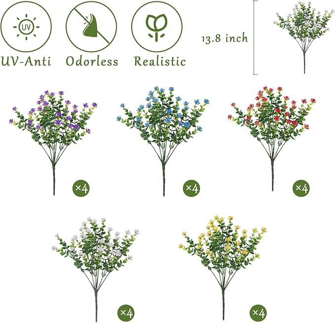 Outdoor Artificial Flowers UV Resistant, 20 Bundles Fake Realistic Floral Greenery Plants for Outside Porch, Window Boxes, Garden, Yard, Inside Home Table Decor,MixcolorE