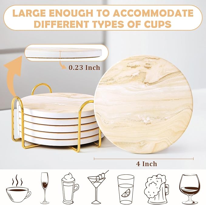 GOH DODD Coasters for Drinks Set of 6, Absorbent Marble Style Ceramic Coaster Cup Coasters Tabletop Protection Home Decor with Metal Holder for Housewarming Gifts Wedding Party, Beige, Round, 4 Inch