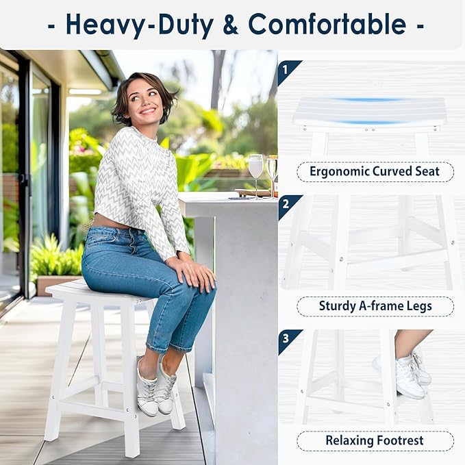 nalone 24 Inch Outdoor Bar Stool, HDPE Bar Chairs with Footrest, Weather Resistant Waterproof Bar Stools Outside Bar Height Stools for Bar, Kitchen Counter, Yard, Balcony(White, 24'' Barstools)