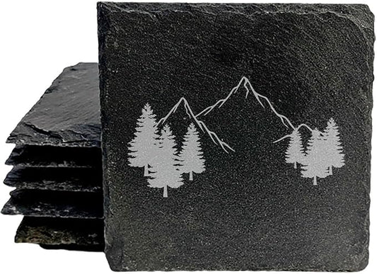 Mountain Majesty Slate Coasters with Stunning Mountain Scene Design - Perfect for Home and Office Decor and Protection of Surfaces, Available in Square or Round Coasters - Square Slate - Set of 5