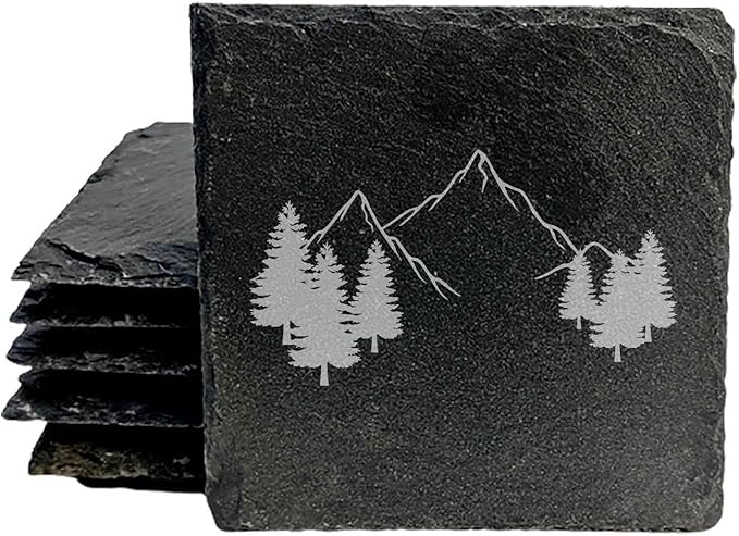 Mountain Majesty Slate Coasters with Stunning Mountain Scene Design - Perfect for Home and Office Decor and Protection of Surfaces, Available in Square or Round Coasters - Square Slate - Set of 4