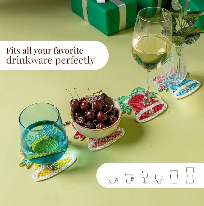 Folkulture Coasters Set of 4 | (4") Round Coaster for Coffee Table | Holiday Coasters for Christmas Décor | Coaster for Coffee Table for Cute Boho Gifts for Women | (Merry Bell)