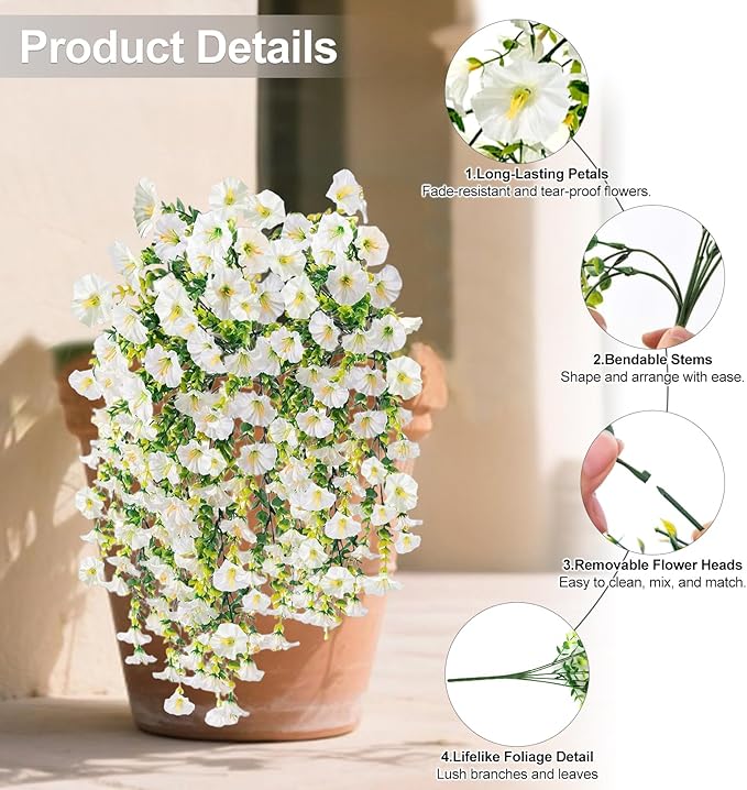 Artificial Flowers for Outdoors Decoration, 4Pcs Fake Hanging Flowers Morning Glory UV & Fading Resistant, Artificial Faux Plants Deocr for Home Porch Patio Balcony Planter Yard Garden Farmhouse