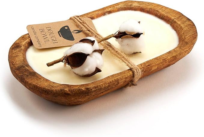 Dough Bowl Candle Co. Clean Cotton Soy Candle - 3 Wick Rustic Farmhouse Decor Odor Eliminator in Ornamental Wooden Bowls, 20 Ounce All-Natural Gifts for Women and Men, Wooden Dough Bowls for Decor