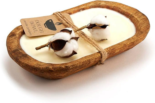 Dough Bowl Candle Co. Clean Cotton Soy Candle - 3 Wick Rustic Farmhouse Decor Odor Eliminator in Ornamental Wooden Bowls, 20 Ounce All-Natural Gifts for Women and Men, Wooden Dough Bowls for Decor