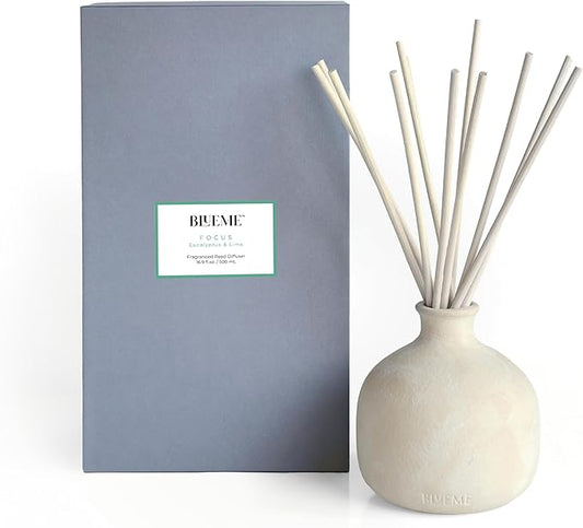 BLUEME Focus-Eucalyptus & Lime, 16.91 Fl Oz Wellness Diffuser, Contains Essential Oil, Sustainable, Hand Finished, Premium, Luxury Ceramic, Natural Rattan Reeds