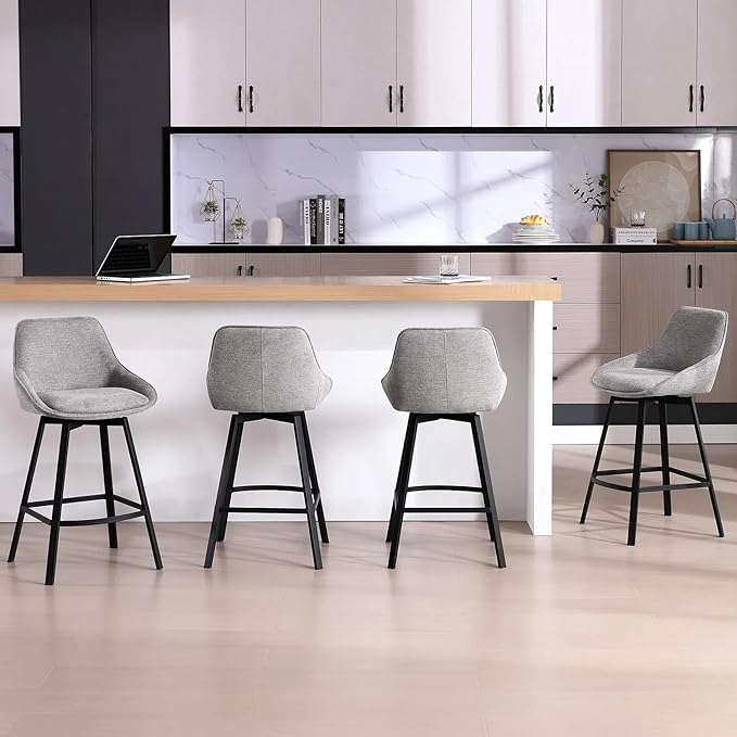Zesthouse Swivel Bar Stools Set of 4, Modern Counter Height Barstools with Backs, 26'' Upholstered Linen Fabric High Chairs for Island Kitchen, Counter Height Chairs with Metal Legs, Grey