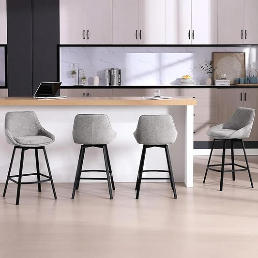 Zesthouse Swivel Bar Stools Set of 4, Modern Counter Height Barstools with Backs, 26'' Upholstered Linen Fabric High Chairs for Island Kitchen, Counter Height Chairs with Metal Legs, Grey