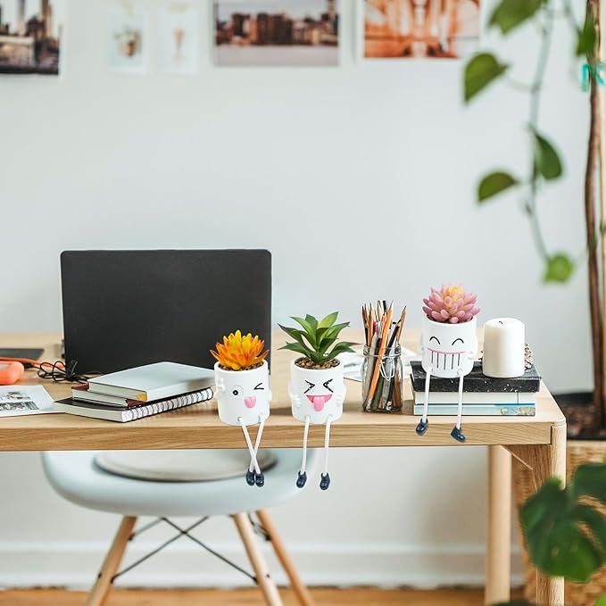 3 Pcs Cute Fake Plant Mini Potted Succulents with Hanging Leg White Pot Creative Artificial Succulent Plants in Funny Pot Faux Succulents for Home Office Shelf Desk Decor and Gift Choice