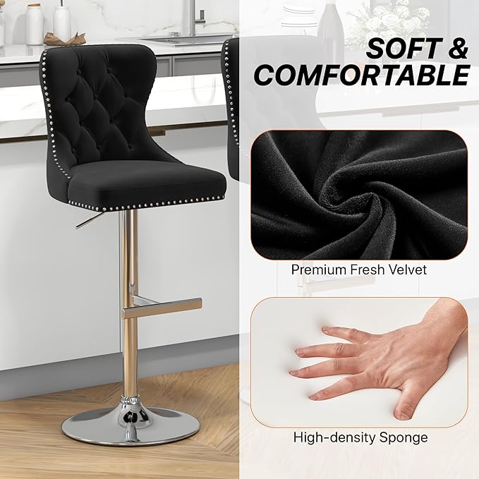 Bar Stools Set of 4, Velvet Swivel Counter Height Stools with Tufted Back, Adjustable Seat with Nailheads Trim, Upholstered Bar Chairs with Steel Base for Kitchen Island, Pub, Black