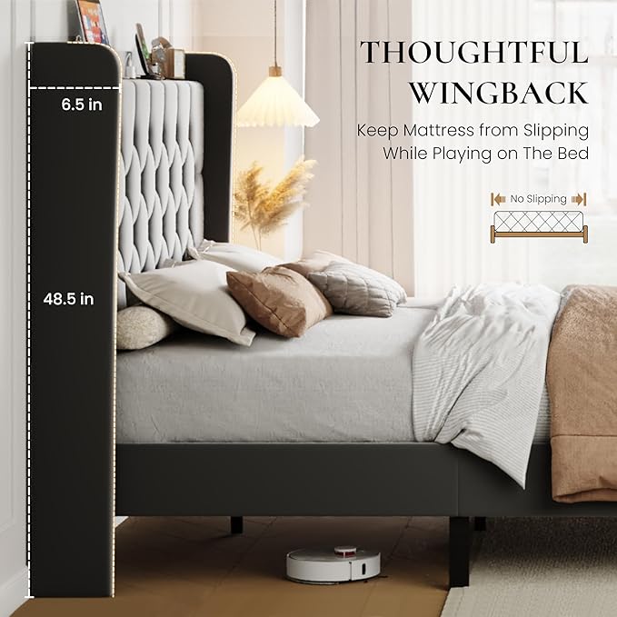 SHA CERLIN Full Size Platform Bed Frame with Charging Station, Velvet Wingback Headboard with Storage Shelf, Wooden Slats Support, Ample Under-Bed Space, No Box Spring Needed, Easy Assembly, Grey