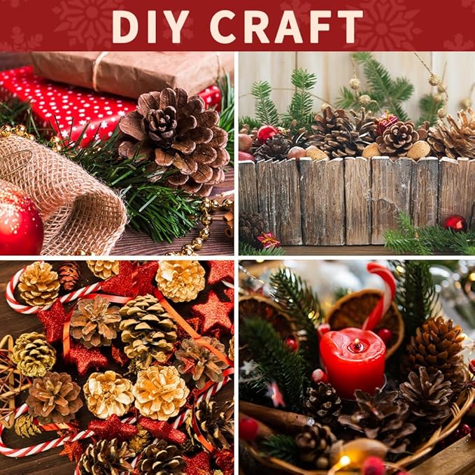 Qingbei Rina Bowl Fillers Vase Fillers, Natural Pinecones for Crafts,Medium Rustic Pine Cone Ornaments with Golden Balls&Berries, Holidays Farmhouse Home Decor