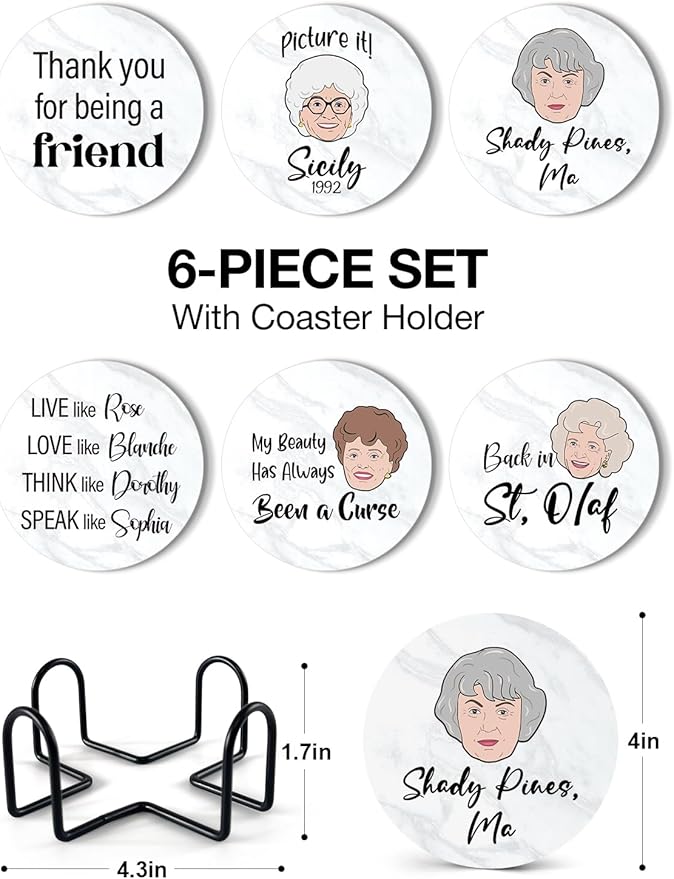 Funny Golden Girls Coasters for Drinks Set of 6 with Holder, Cork Coasters for Coffee Table, Golden Girls Gifts for Women Fans Housewarming Gifts