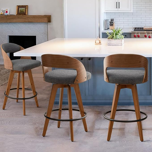 Barstools Set of 3,Bar Height Bar Stools for Kitchen Island,30.3 Inch Modern Upholstered Bar Chair, Swivel Bar Stools with Back and Wood Legs (Darkgray-Fabric)