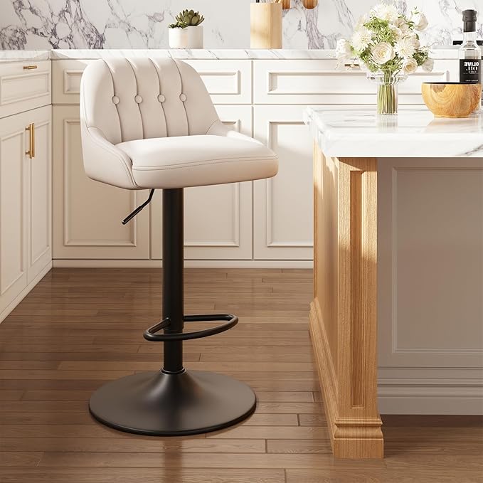 Bar Stools Set of 1, Swivel Bar Chairs, Modern Adjustable PU Leather Upholstered Barstools Counter Height with Tufted Back for Bar, Kitchen Counter Island, Dining Room, Beige