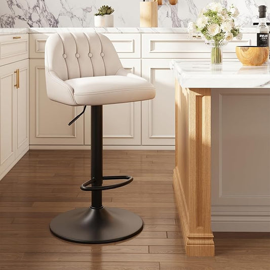 Bar Stools Set of 1, Swivel Bar Chairs, Modern Adjustable PU Leather Upholstered Barstools Counter Height with Tufted Back for Bar, Kitchen Counter Island, Dining Room, Beige