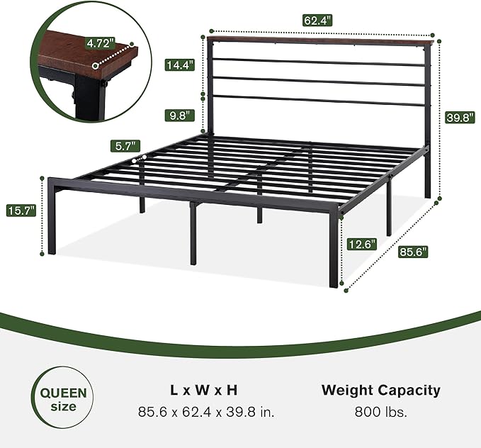 MUTICOR Queen Size Metal Platform Bed Frame with Shelf Headboard, No Box Spring Needed, Easy Assembly, Brown Shelf