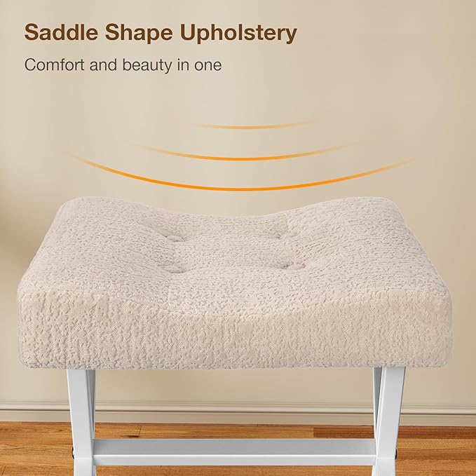 18-Inch Large Vanity Stool Chair, Vanity Bench with Metal X-Legs, Ottoman Accent Stool with Breathable and Soft Boucle Fabric Saddle Seat, Beige