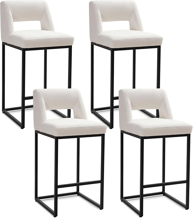 Black and White Counter Height Bar Stools Set of 4 for Kitchen Counter Modern Bar Chairs with Backs for Kitchen Island with Upholstered Fabric Seat and Metal Frame, 26 Inch