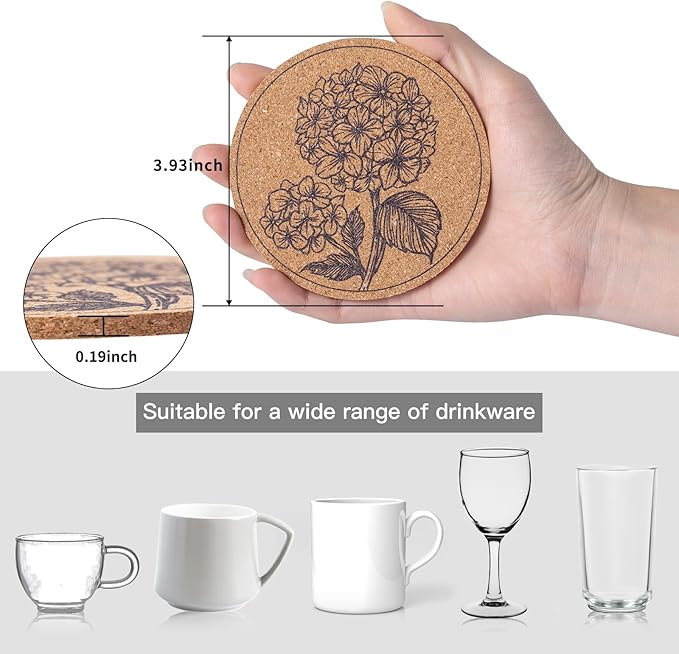 Coasters for Drinks 12 pcs Absorbent Cork Coasters with Flower Coaster for Coffee Table Housewarming Gifts for New Home Present for Friends, Living Room Decor, Apartment Decor