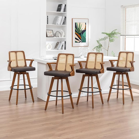 Set of 4 Bar Height Bar Stools - 30 inch Walnut Bar Stools with Cane Back, Upholstered Seat, Curved Arms, Faux Leather, Swivel BarStools for Bar/Pub/Island/Cafe (30" Seat Height, Brown)