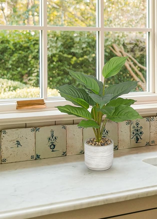 Small Fake Plants Indoor 14.5 Inch Potted Plant Artificial Decor 12 Leaves Faux Plant with Cement Pot Silk House Plants for Home Office Bathroom Kitchen Farmhouse Table Centerpieces Shelf Decor