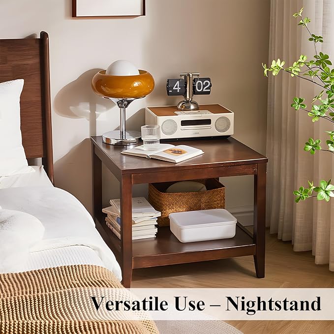 Side Table, Solid Wood Square End Table with Storage Shelf, 2-Tier Coffee Table for Living Room, Rubber Wood Small Sofa Table, Nightstand 23.62 H x 23.62 W x 23.62 D Inches (Walnut)