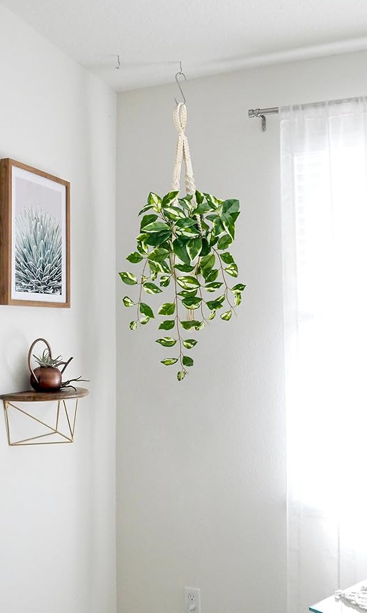 Briful Macrame Hanging Plant with Fake Pothos in White Pot, White N' Joy Faux Hanging Decor for Home Ceiling, Farmhouse Kitchen