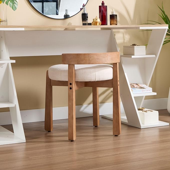 LukeAlon Cute Linen Upholstered Vanity Stool, Round Comfy Makeup Stool with Wooden Legs Small Ottoman Chair Mid Century Modern Padded Seat Footrest for Makeup Room Cloakroom Bedroom, Beige