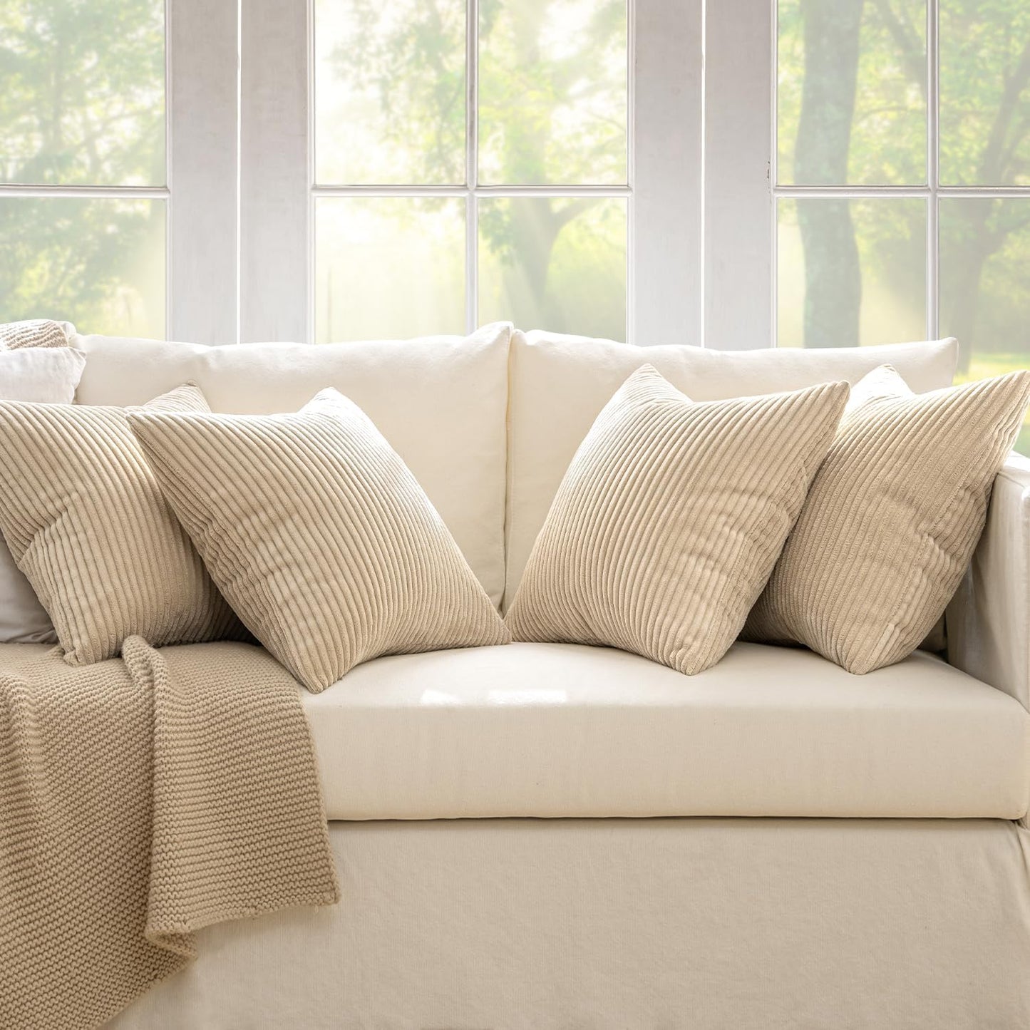 MIULEE Boho Farmhouse Throw Pillow Covers 18x18 Inch Set of 4 Mordern Nordic Cushion Covers Soft Corduroy Home Decor for Couch Bed Sofa Living Room Beige