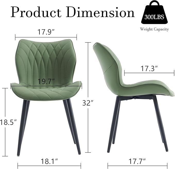 YOUNIKE Dining Chairs Set of 2, Upholstered Faux Leather Kitchen Dining Room Chairs, Modern Living Room Bedroom Side Chairs with Wide Curved Back and Metal Legs, Olive Green