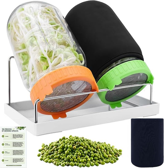 Seed Sprouting Kit with Mung Beans 80g, 2 Large Wide Mouth Mason Jars with Sprout Lids, Blackout Sleeves, Drain Tray, Stainless Steel Stand, Sprouts Growing Kit for Growing Bean Alfalfa Sprout Seeds