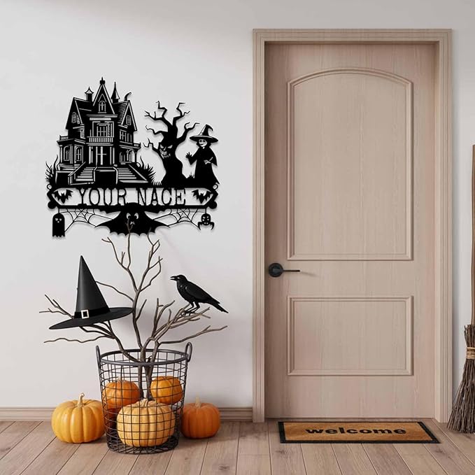 Custom Halloween Metal Wall Art with Family Name, Personalized Haunted House Metal Sign with Witch Bats Pumpkins Skull Ghost Spider, Spooky Decor for Halloween Party, Living Room, Man Cave