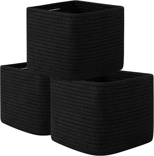 OIAHOMY 9”x9”x7” Storage Cubes, Cotton Rope Woven Baskets for Organizing, Cube Storage Bin, Small Gift Basket for Shelf, 3-Pack, Black