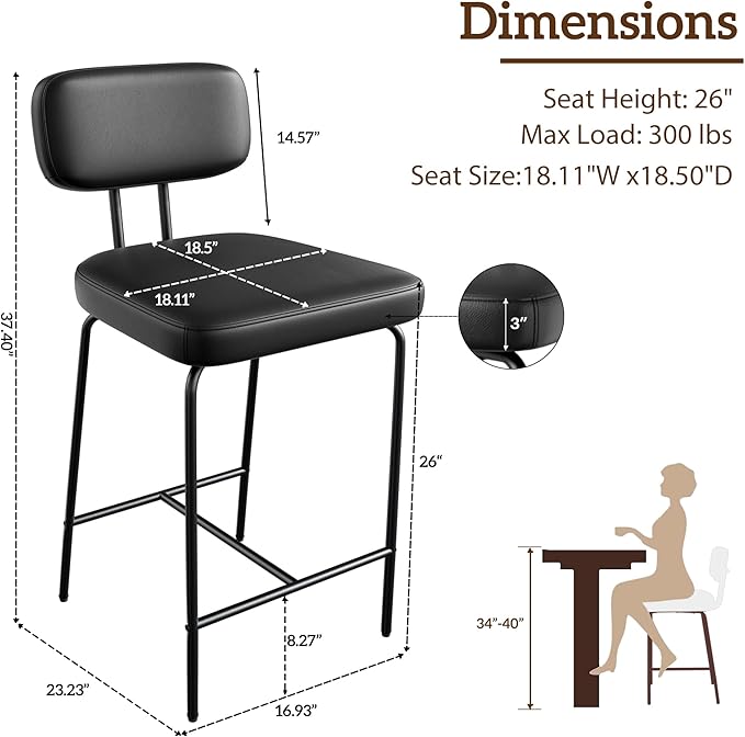 Counter Height Bar Stools Set of 4, 26" Faux Leather Kitchen Counter Bar Stools with Backs, Metal Legs, Footrest, Bar Chairs for Kitchen Island, Black