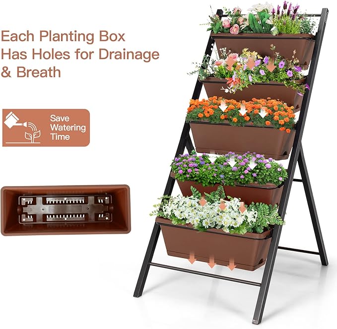 Safstar 5-Tier Vertical Raised Garden Bed, Freestanding Garden Planter with 5 Container Boxes, Elevated Planter for Vegetables, Fruits, Flowers, Herbs, Good for Indoor & Outdoor Use (Brown, 1)