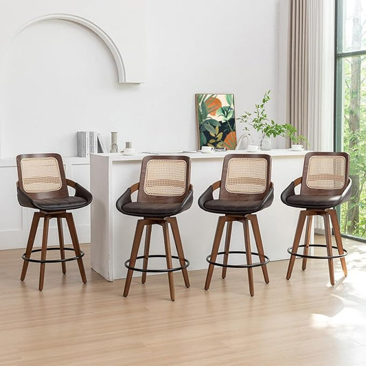 Set of 4 Bar Stools Counter Height - 26.4 inch Swivel Walnut Counter Stools with Cane Back, Upholstered Seat, Curved Arms, Rattan Counter Stools for Island/Pub/Kitchen/Cafe (26" Seat Height, Brown)