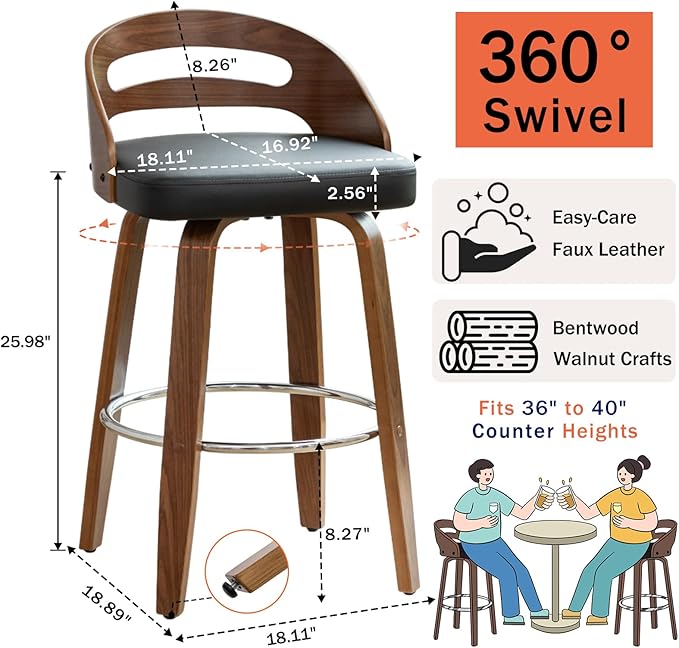 Counter Stools Set of 4, Counter Height Bar Stools with Walnut Crafts, Bentwood Curved Back, Upholstered Faux Leather, Soft Cushion Seat, Swivel Counter Chairs for Island/Pub (Black, 26" Seat Height)