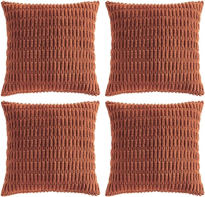 Fancy Homi 4 Packs Rust Decorative Throw Pillow Covers 18x18 Inch for Living Room Couch Bed Sofa, Terracotta Rustic Farmhouse Boho Home Decor, Soft Plush Striped Corduroy Square Cushion Case 45x45 cm