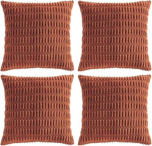 Fancy Homi 4 Packs Rust Decorative Throw Pillow Covers 22x22 Inch for Living Room Couch Bed Sofa, Terracotta Rustic Farmhouse Boho Home Decor, Soft Plush Striped Corduroy Square Cushion Case 55x55 cm