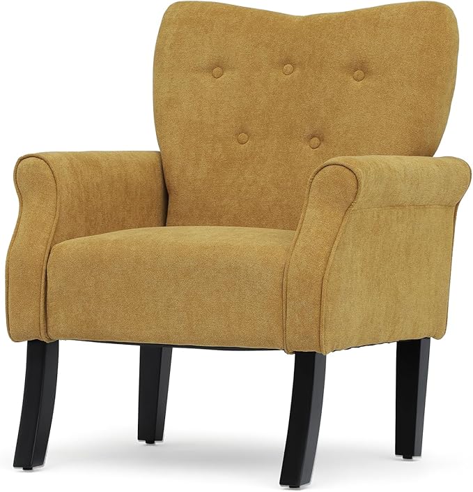 Athena Collection Mid Century Modern Chair for Living Room, Upholstered Wingback Reading Chair for Adults, Comfy Linen Fabric Armchair with Wooden Legs for Bedroom, Dorm, Balcony, Yellow